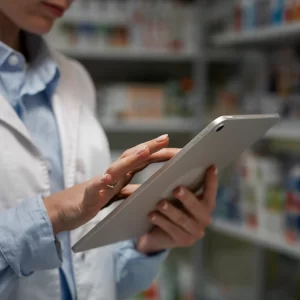 Farmacéutico revisando el stock de inventario en estantería de farmacia moderna.