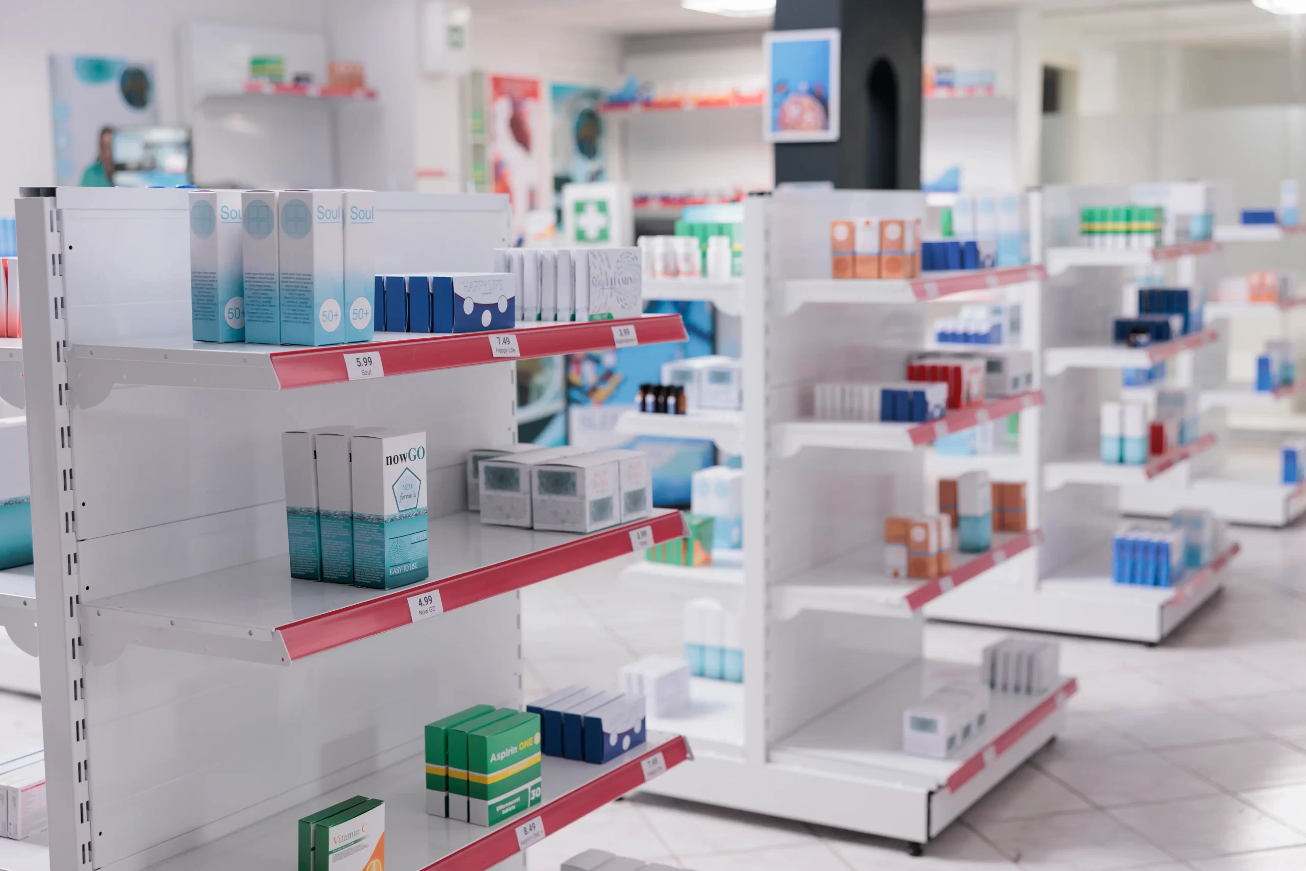 Surtido de productos de una farmacia distribuido en diferentes categorías y lineales.