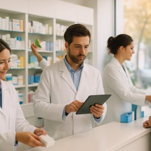 Farmacéutica revisa un planificador de pared en la farmacia mientras sus compañeras atienden a varios clientes en el mostrador