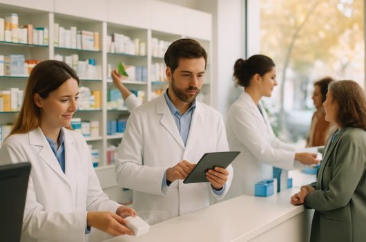 Farmacéutica revisa un planificador de pared en la farmacia mientras sus compañeras atienden a varios clientes en el mostrador