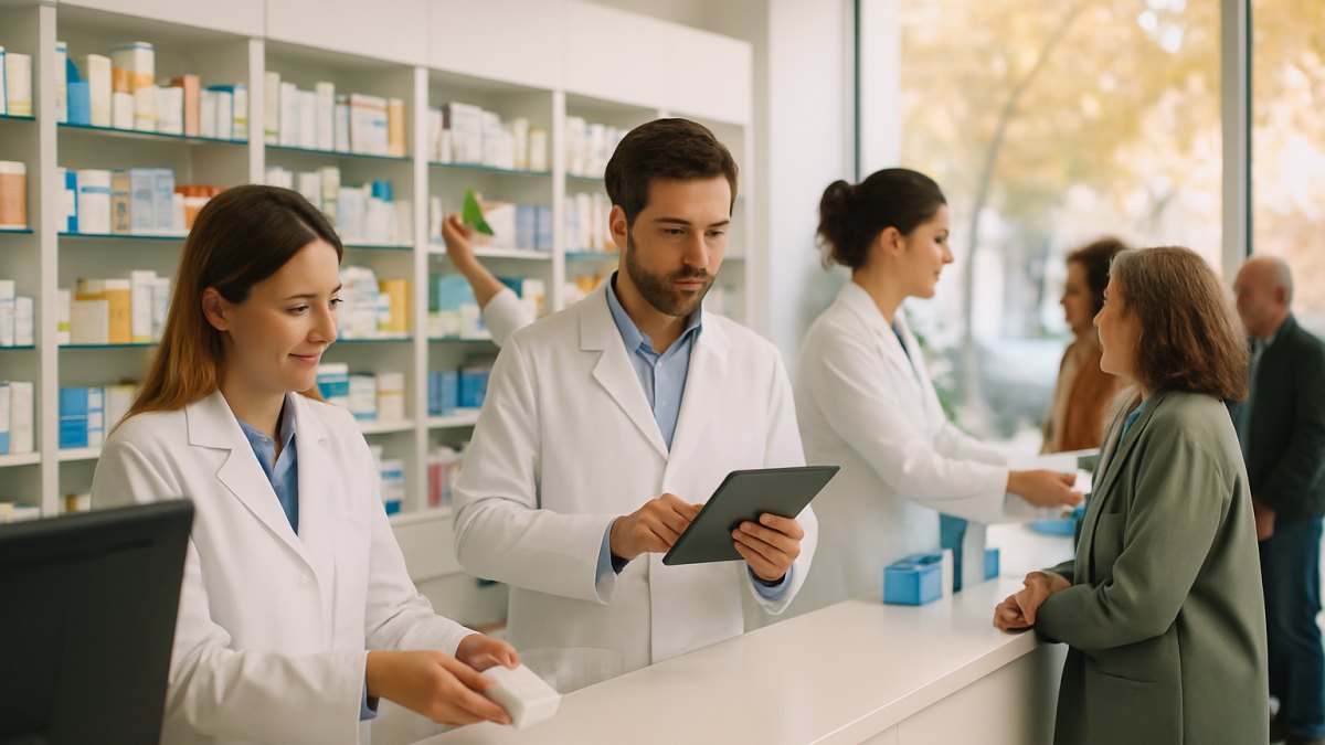 Farmacéutica revisa un planificador de pared en la farmacia mientras sus compañeras atienden a varios clientes en el mostrador