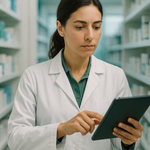 Farmacéutica revisando cajas de medicamentos en el almacén de una farmacia mientras consulta una tableta