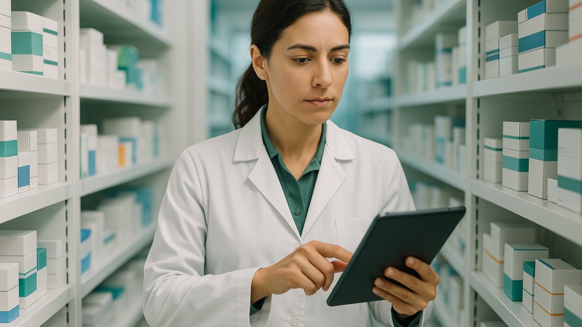 Farmacéutica revisando cajas de medicamentos en el almacén de una farmacia mientras consulta una tableta