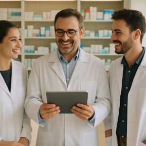 Equipo de una farmacia reunido tras el mostrador revisando sus objetivos en una tableta
