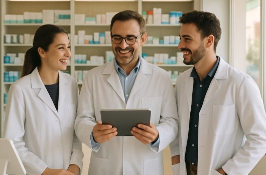 Equipo de una farmacia reunido tras el mostrador revisando sus objetivos en una tableta