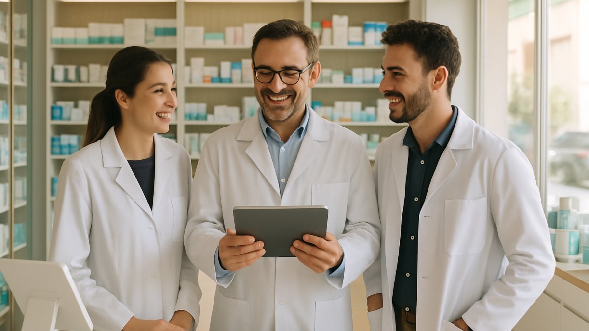 Equipo de una farmacia reunido tras el mostrador revisando sus objetivos en una tableta